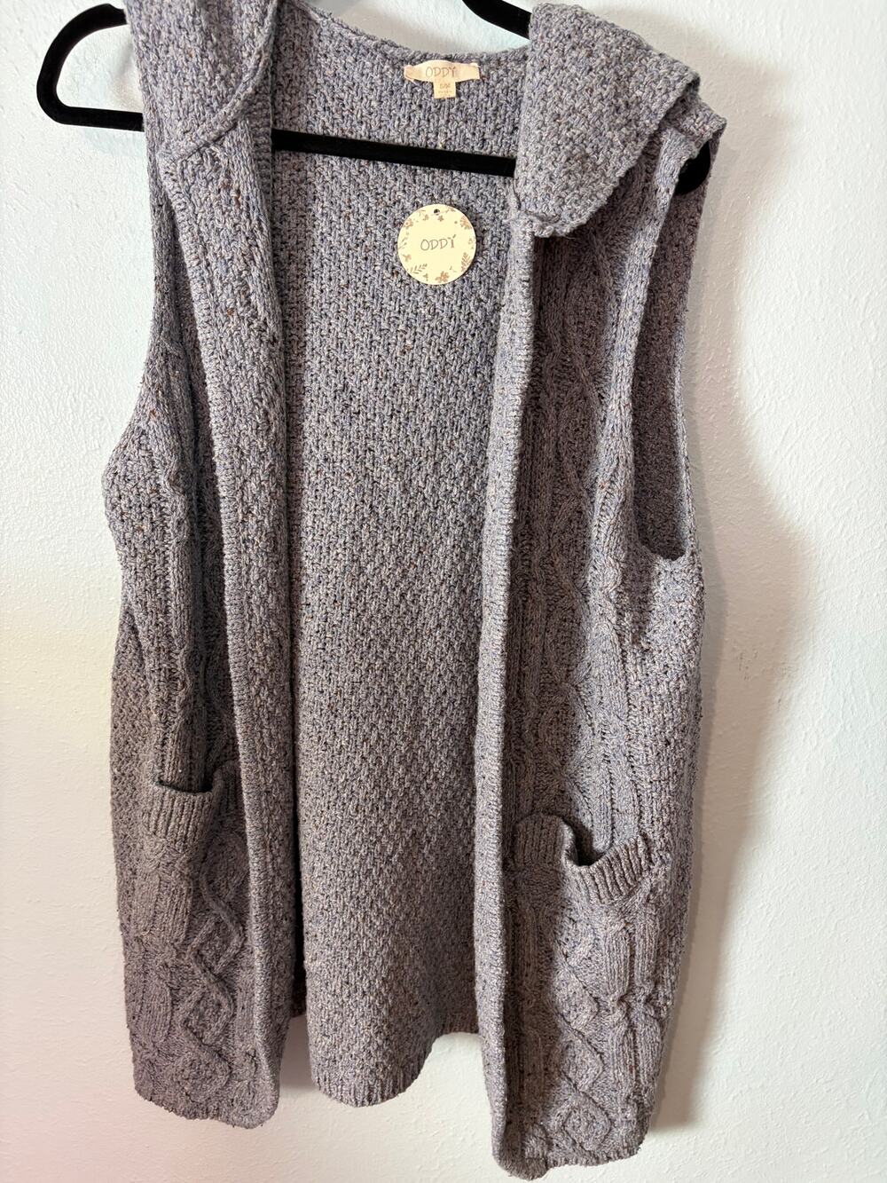 NWT ODDI Hooded Cable Knit Sweater Vest Blue Gray Open Front Pockets S/M Boho